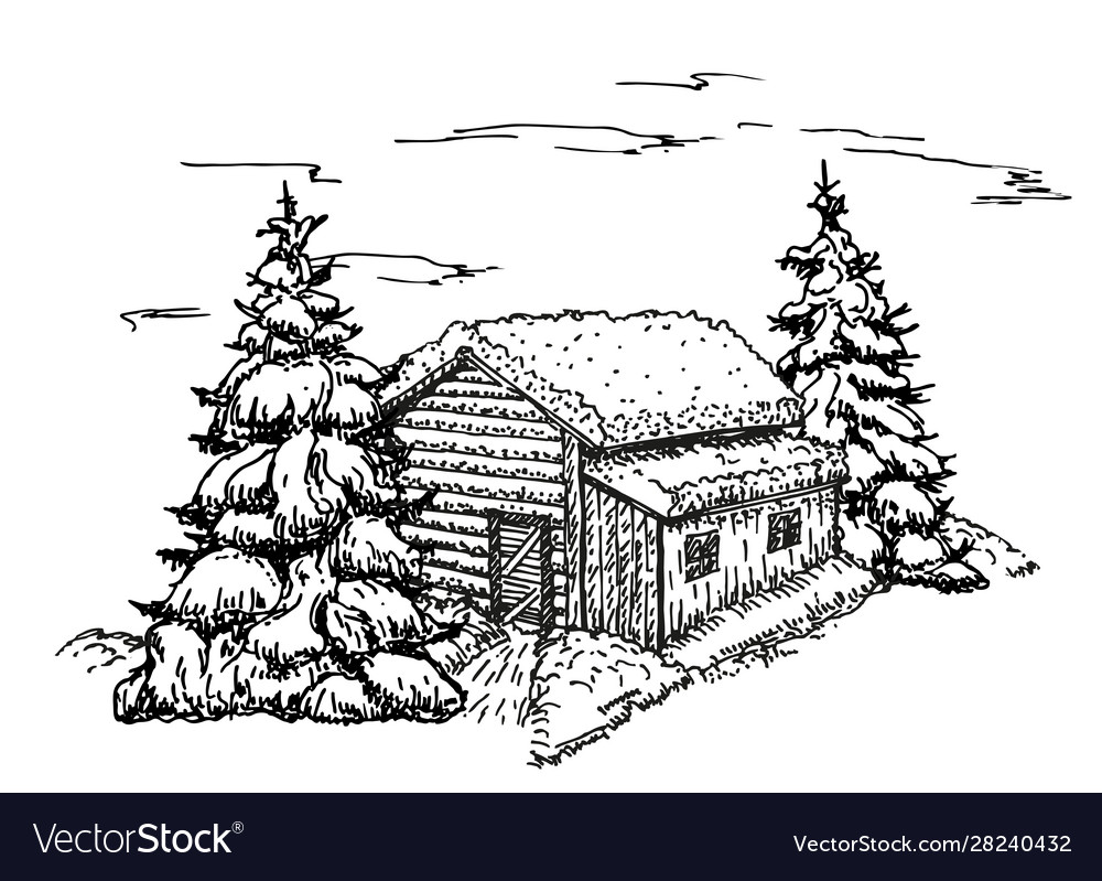 House in winter forest sketch christmas