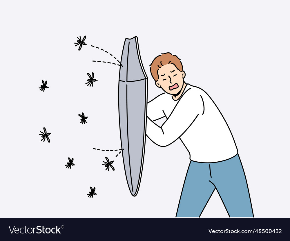 Man defends himself from mosquitoes using shield Vector Image