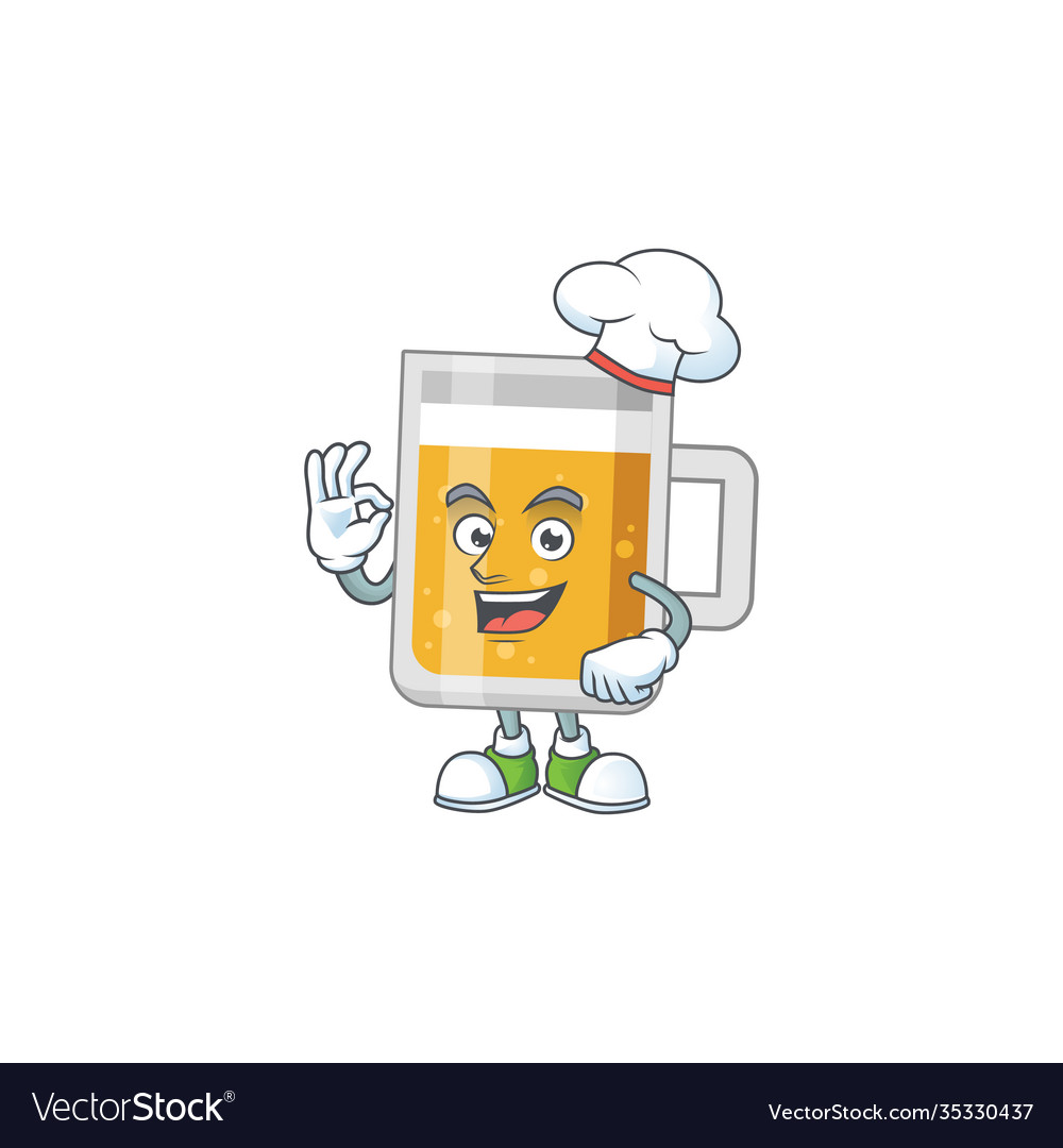 Glass beer chef cartoon proudly wearing white hat Vector Image