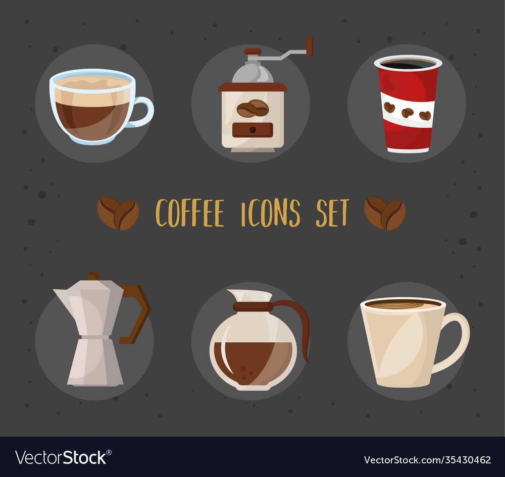 Bundle six coffee delicious drink set icons Vector Image