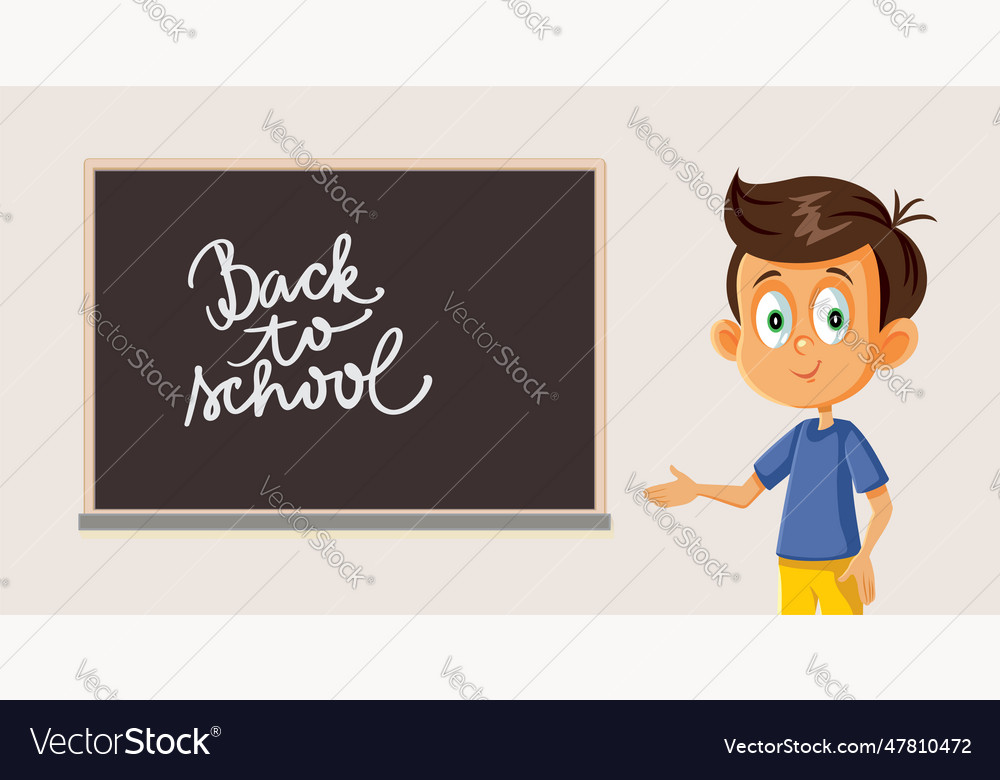 School boy standing next to a blackboard cartoon Vector Image