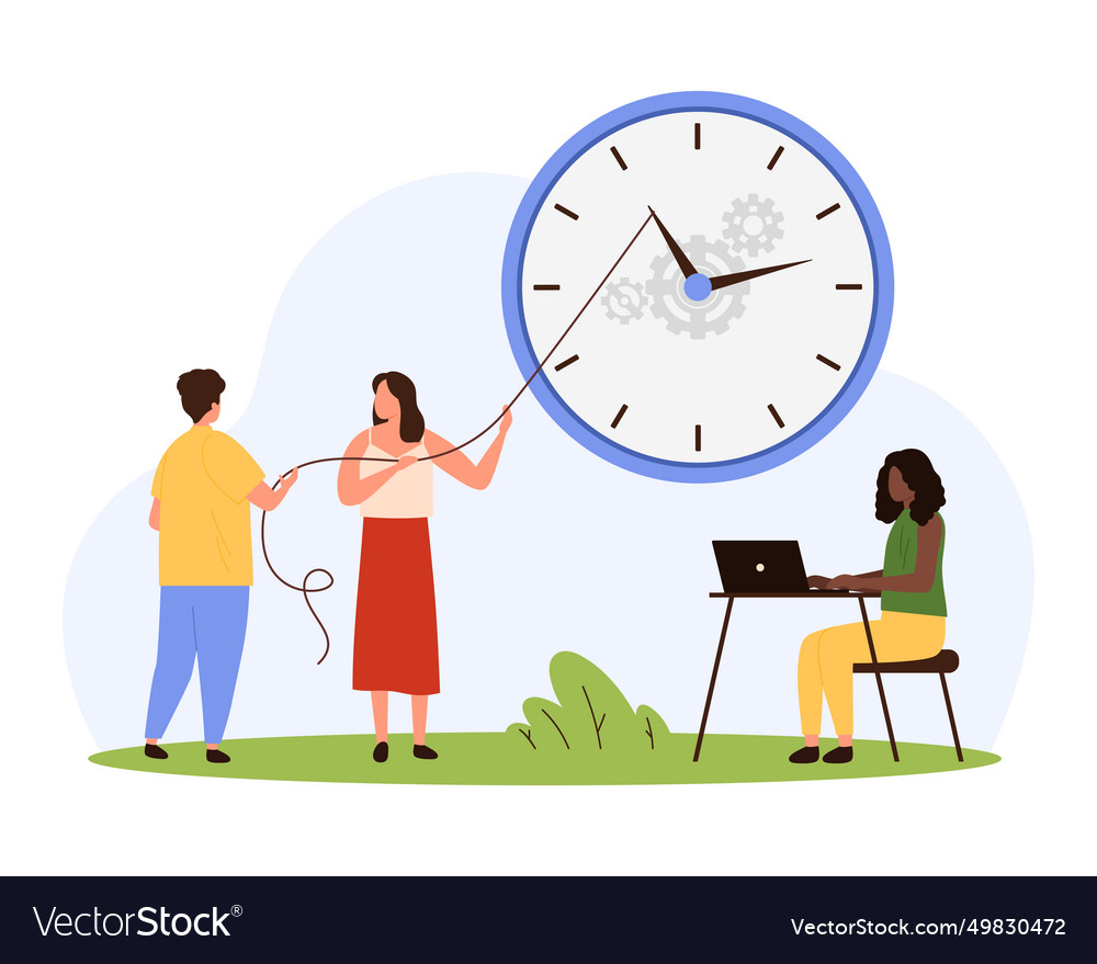 Time management tiny people moving clock back to Vector Image