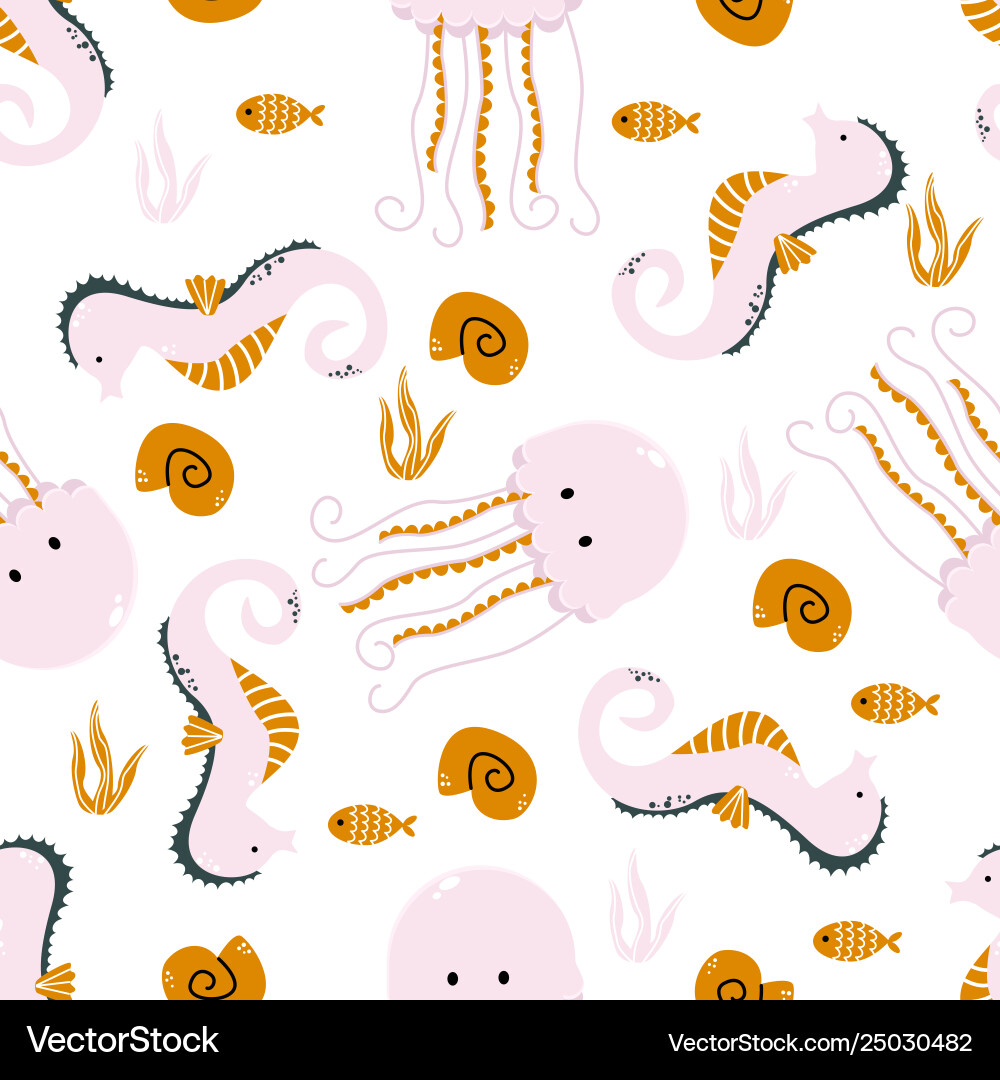 Seamless pattern with pink octopus and seahorse Vector Image