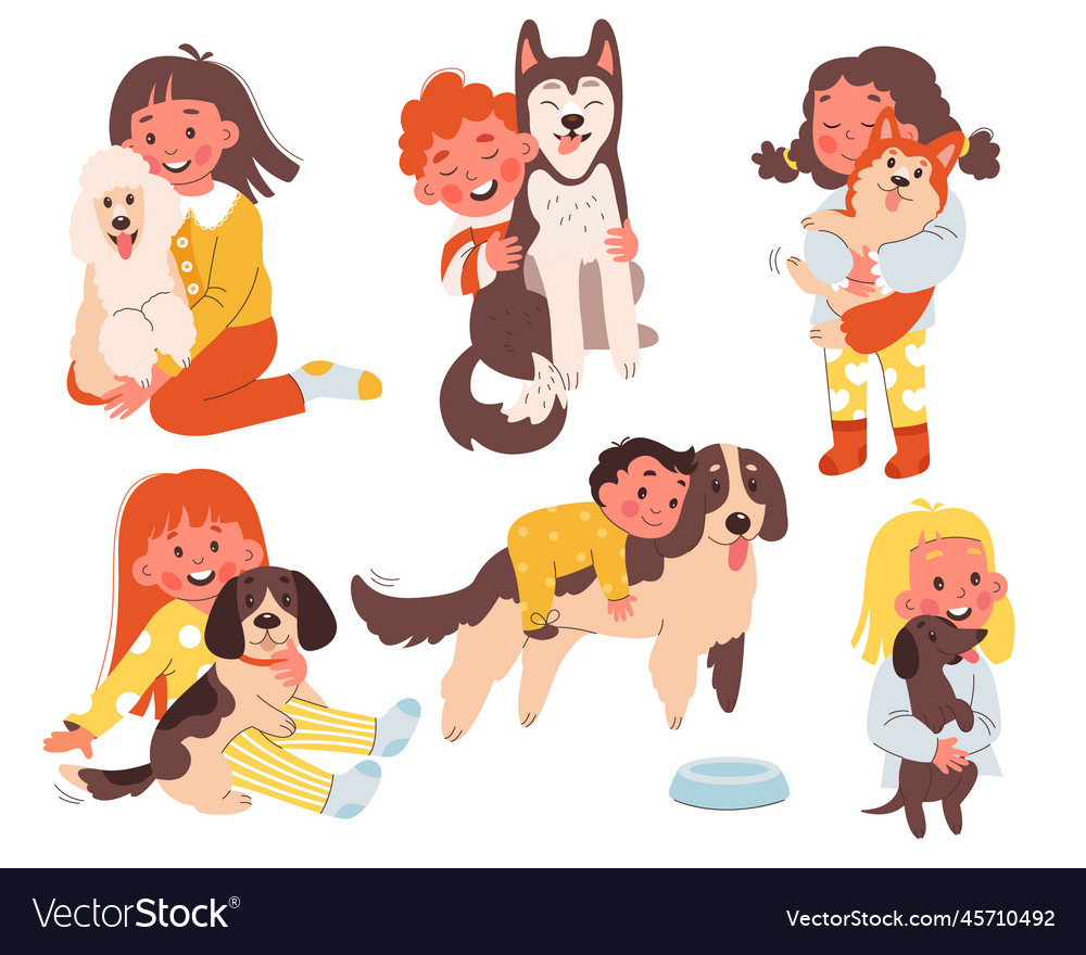 Children hugging dogs flat icons set cute Vector Image