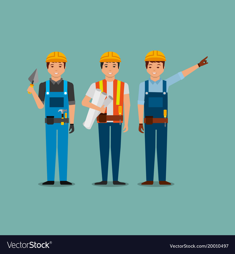 Construction workers holding blueprint spatula Vector Image