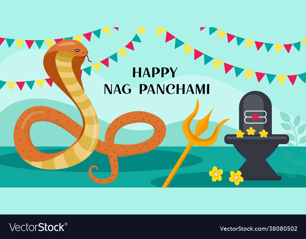 Happy nag panchami greeting card with king cobra Vector Image