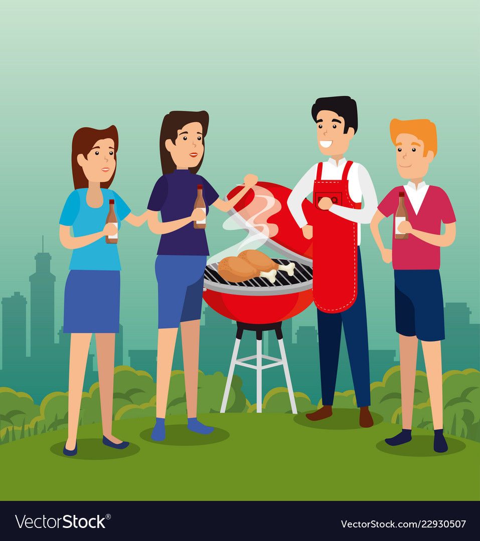 People together with thighs food in the grill Vector Image