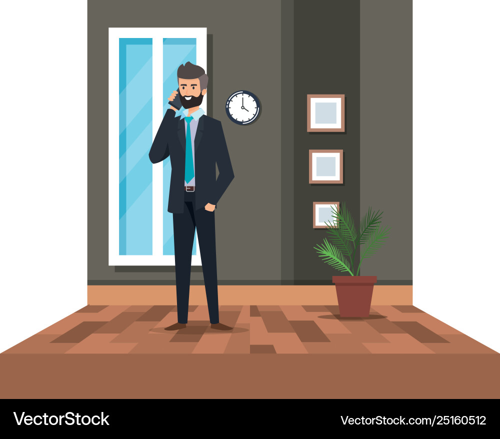 Businessman calling with smartphone in office Vector Image