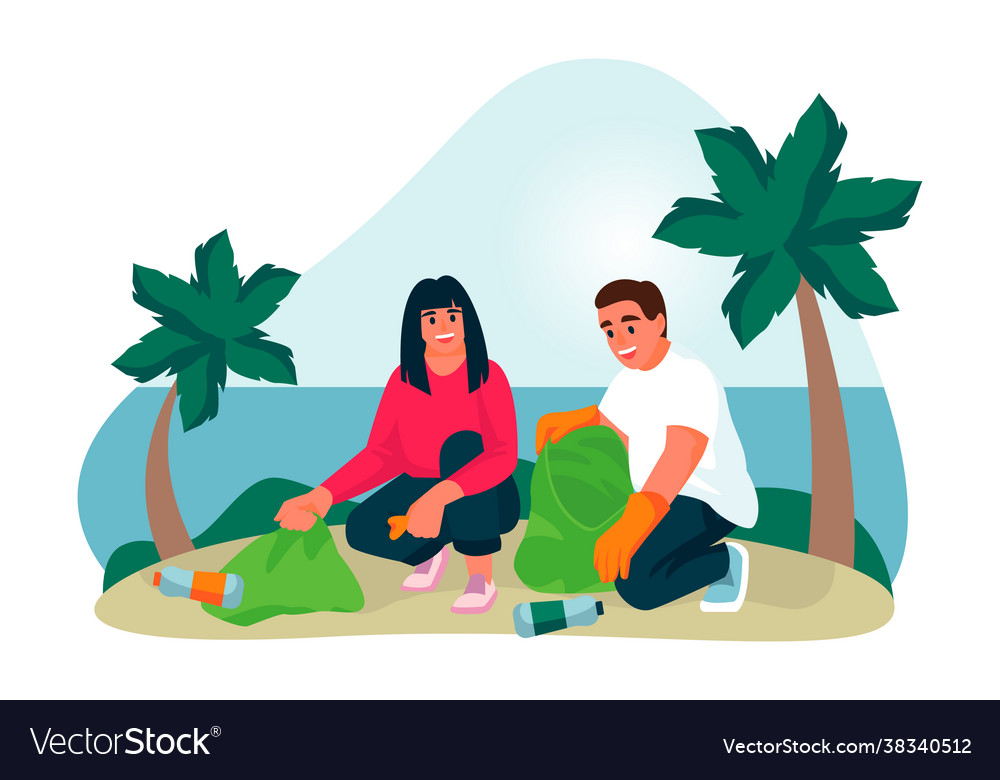 Volunteers clean up plastic trash beach Royalty Free Vector