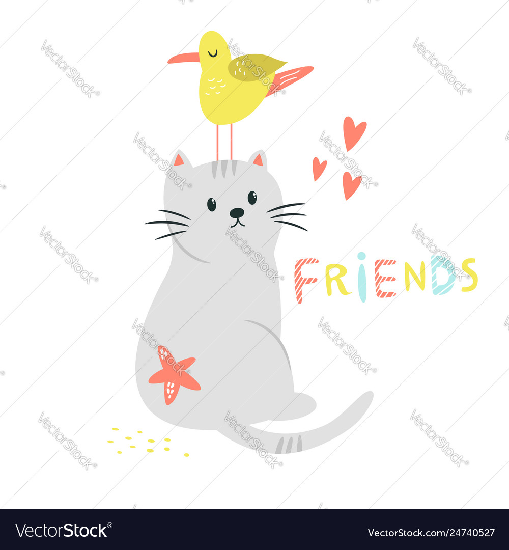 Funny cat and seagull friends friendship concept Vector Image