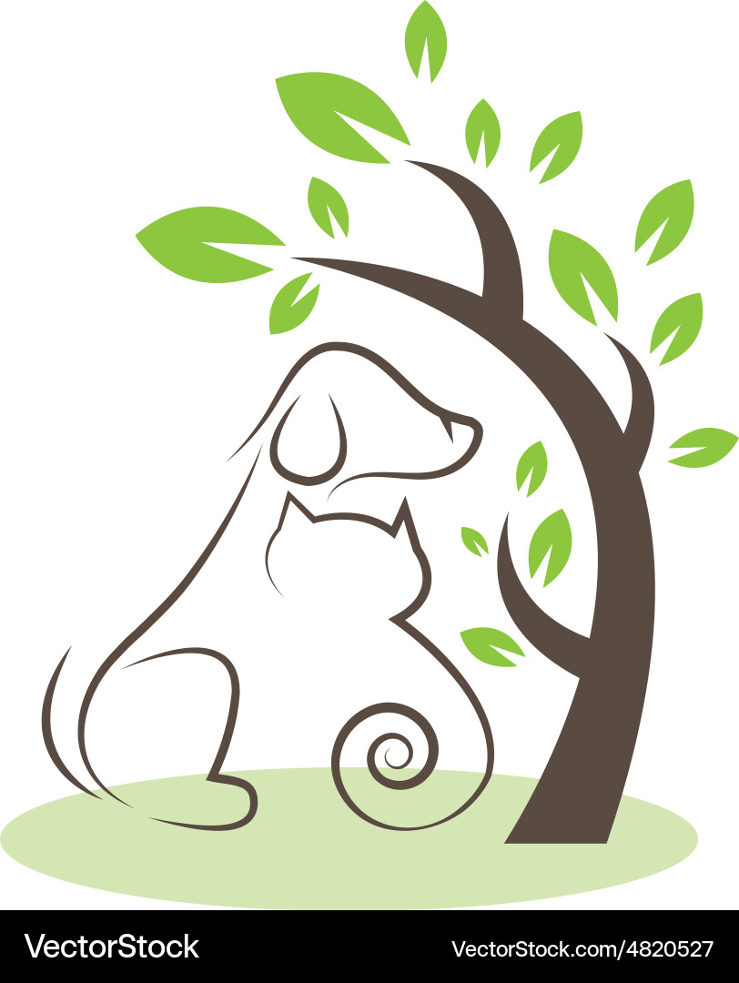Line drawing cats and dogs under the tree Vector Image