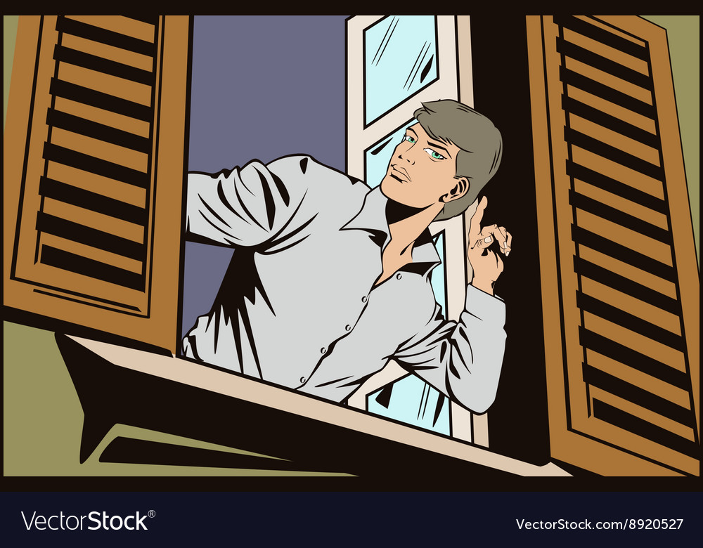 People in retro style the man window Royalty Free Vector