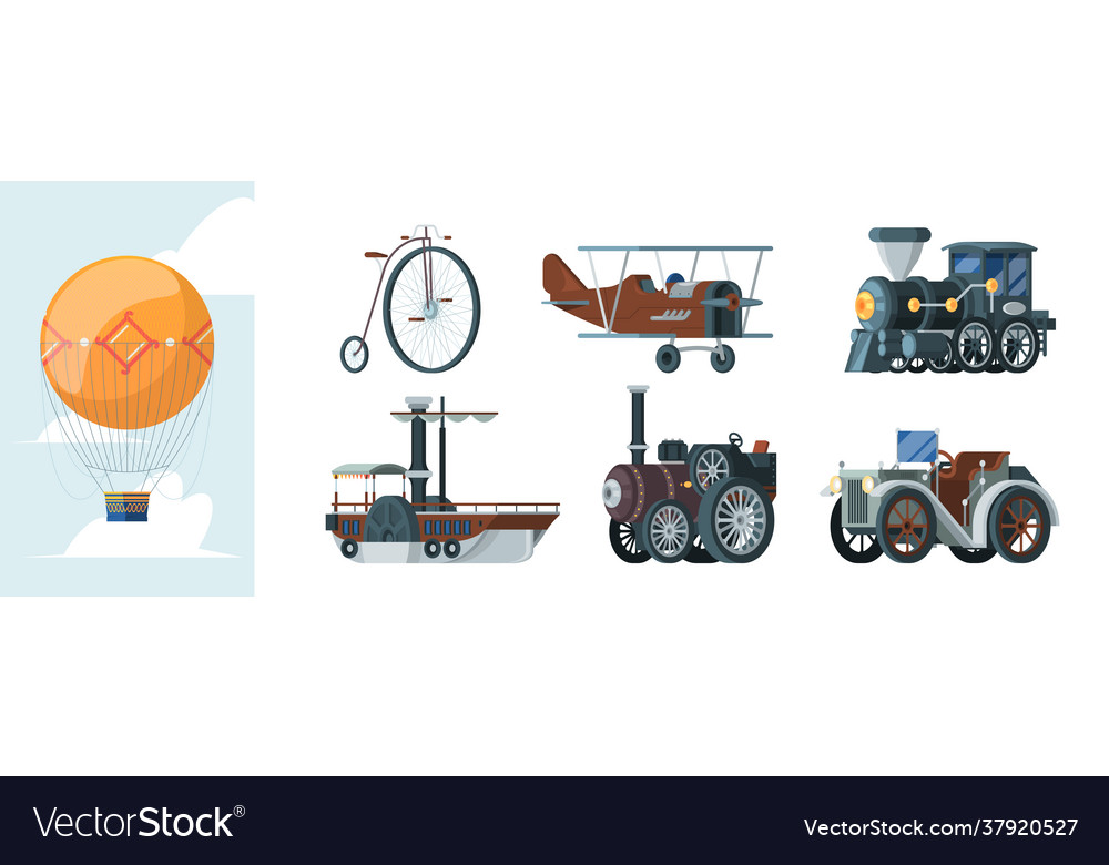 Retro transport old vintage vehicles in flat vector image Retro transport old vintage vehicles in flat