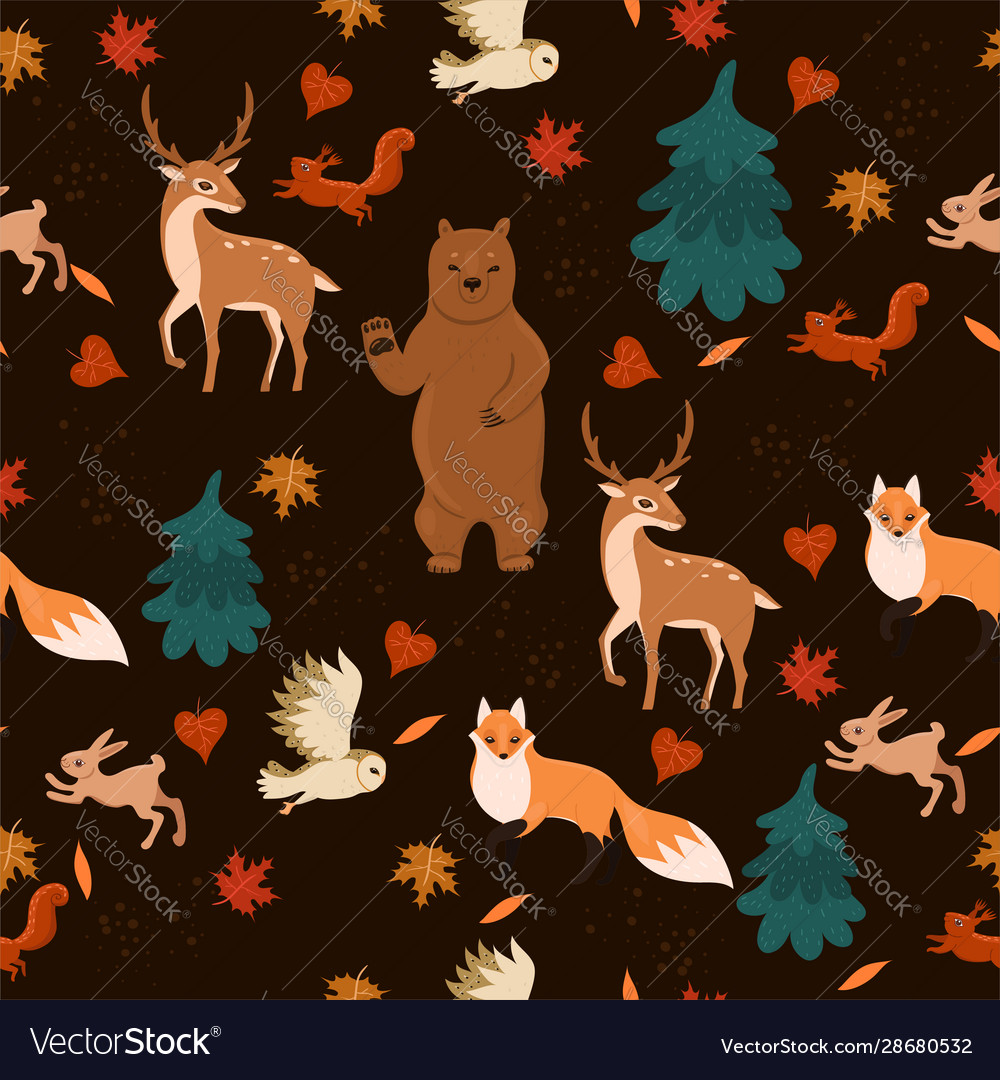 Seamless pattern with animals in forest vector image Seamless pattern with animals in forest