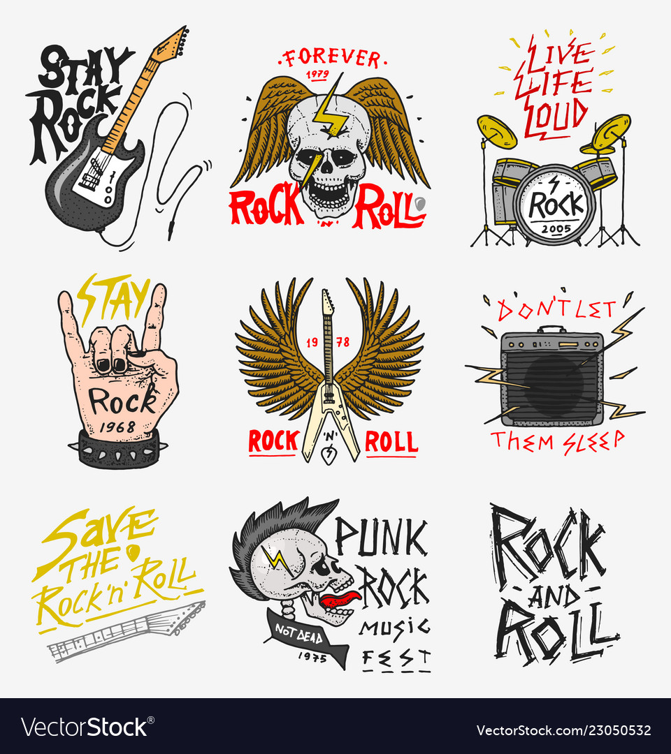Set of rock and roll music symbols with guitar vector image Set of rock and roll music symbols with guitar