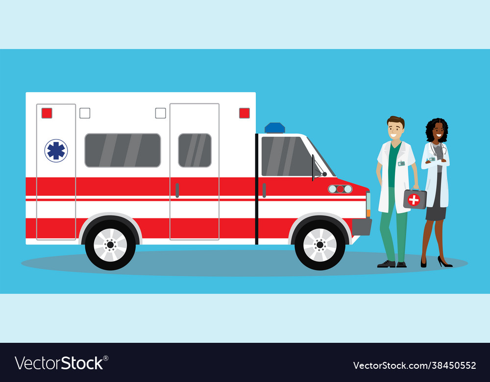 Two paramedics workers near ambulance carmodern Vector Image