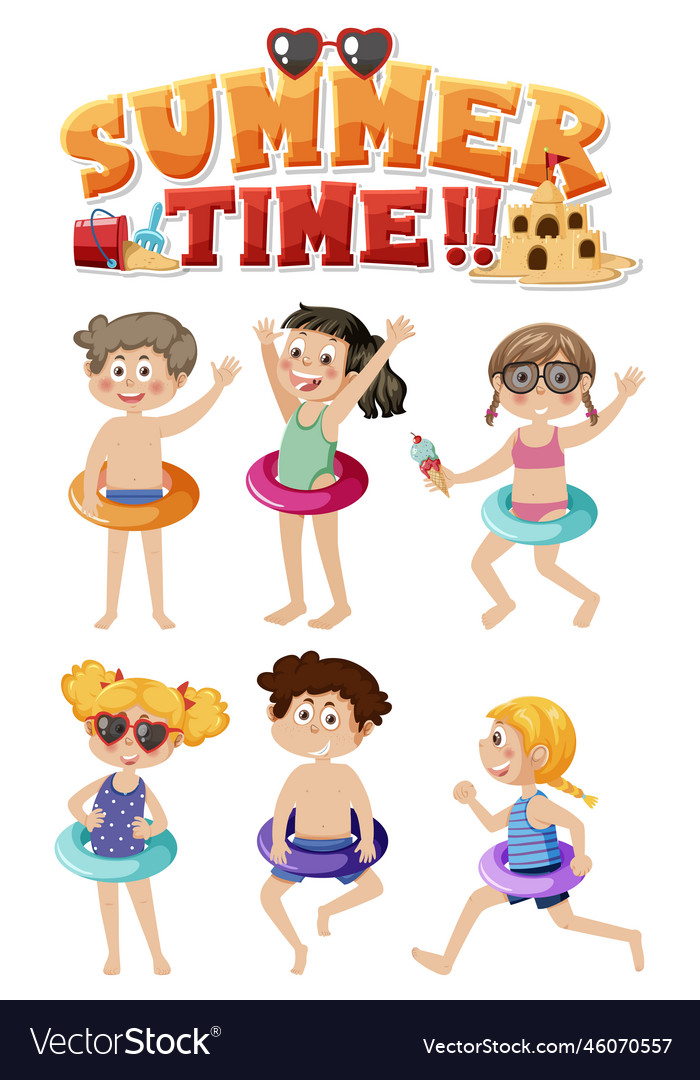 Summer Time Text With Kids Characters Set Vector Image