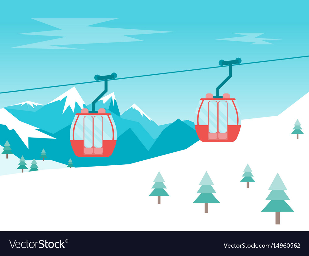 Cartoon car cabins cableway in mountains