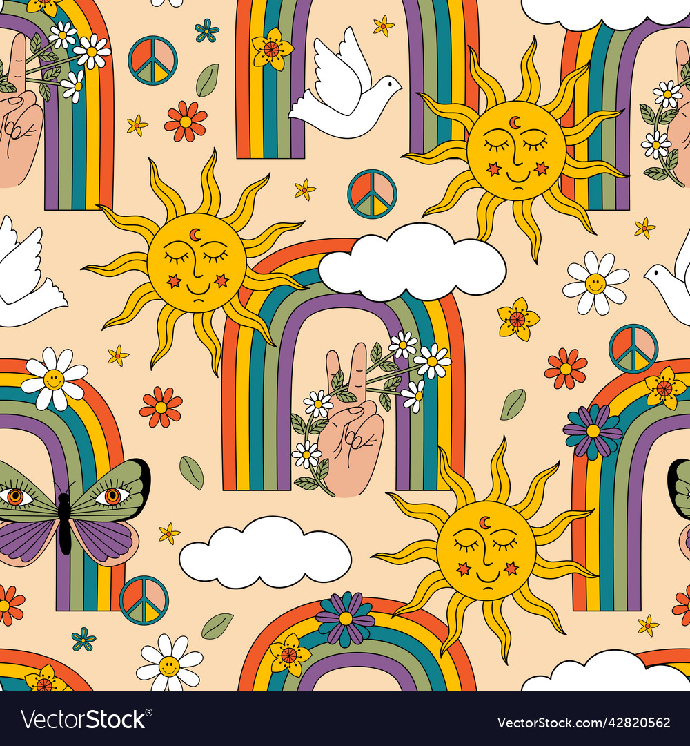 Retro seamless pattern with sun rainbows vector image Retro seamless pattern with sun rainbows