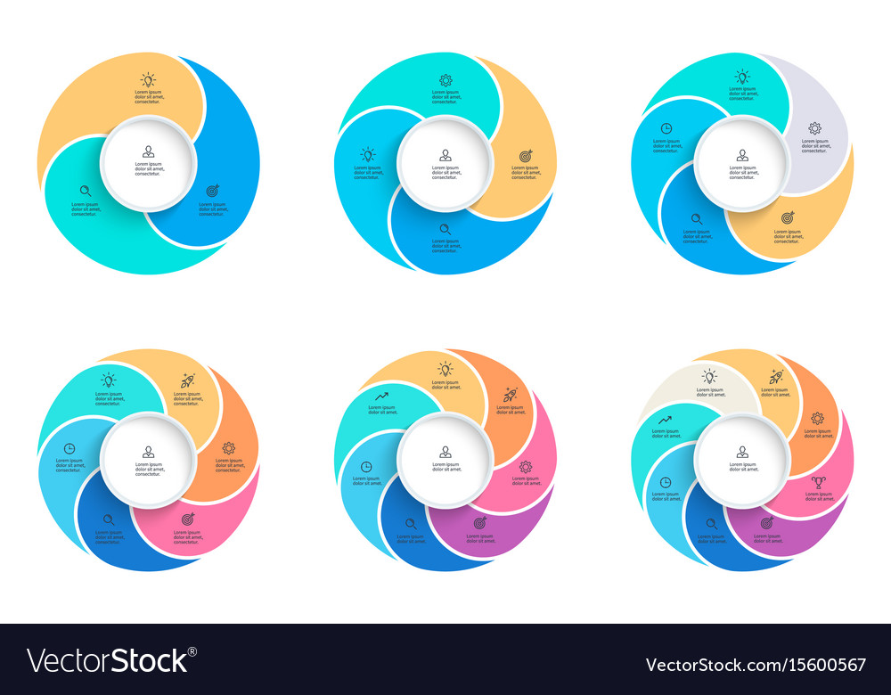 Business infographics pie charts with 3 4 5 6 Vector Image