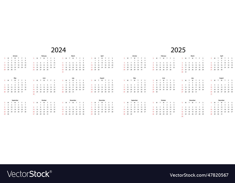 Set of calendar 2024 and 2025 years the week Vector Image