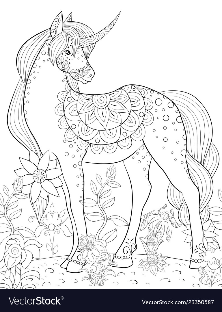 Adult Coloring Bookpage A Cute Unicorn For Vector Image