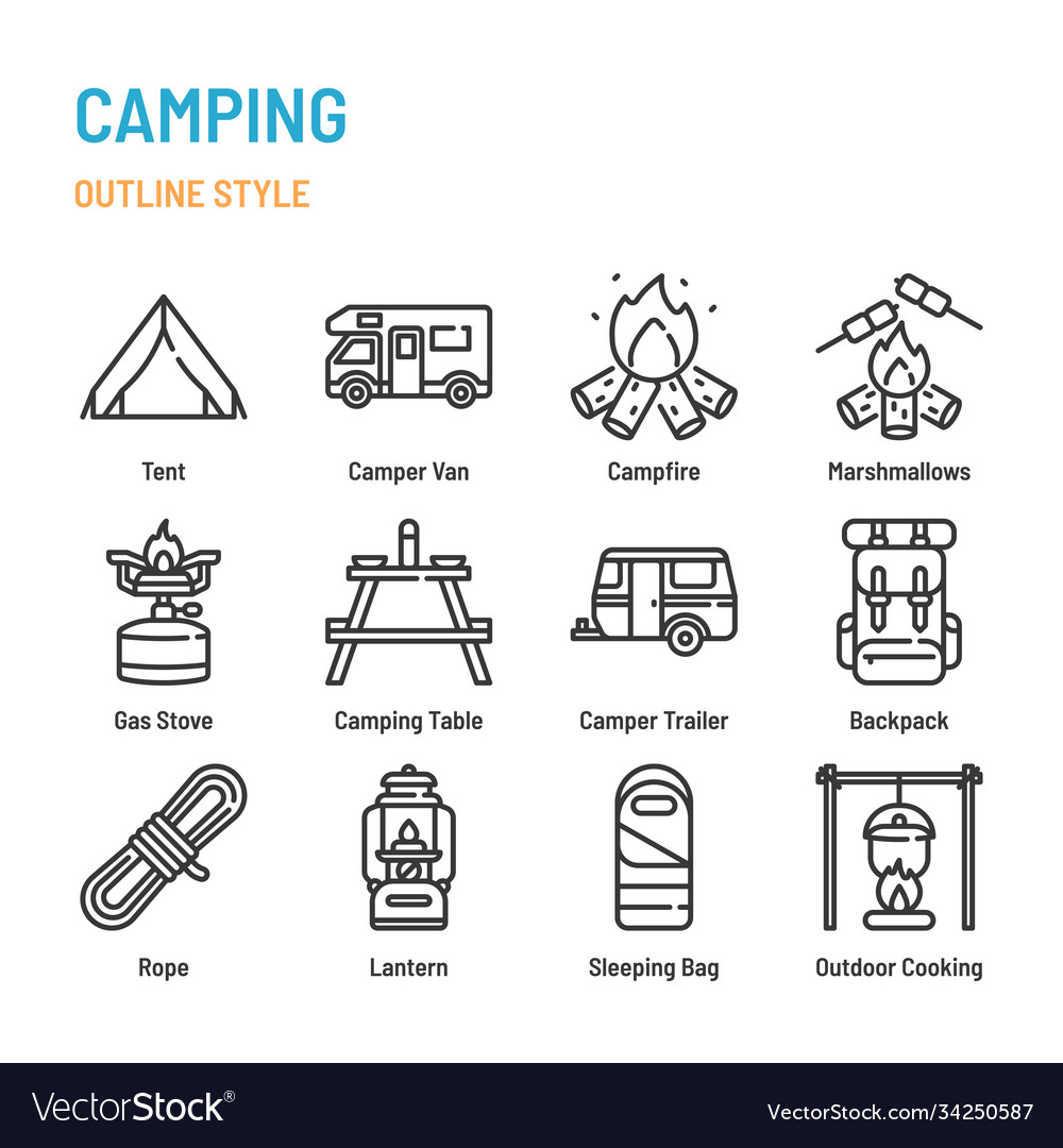 Camping activities in outline icon and symbol set Vector Image