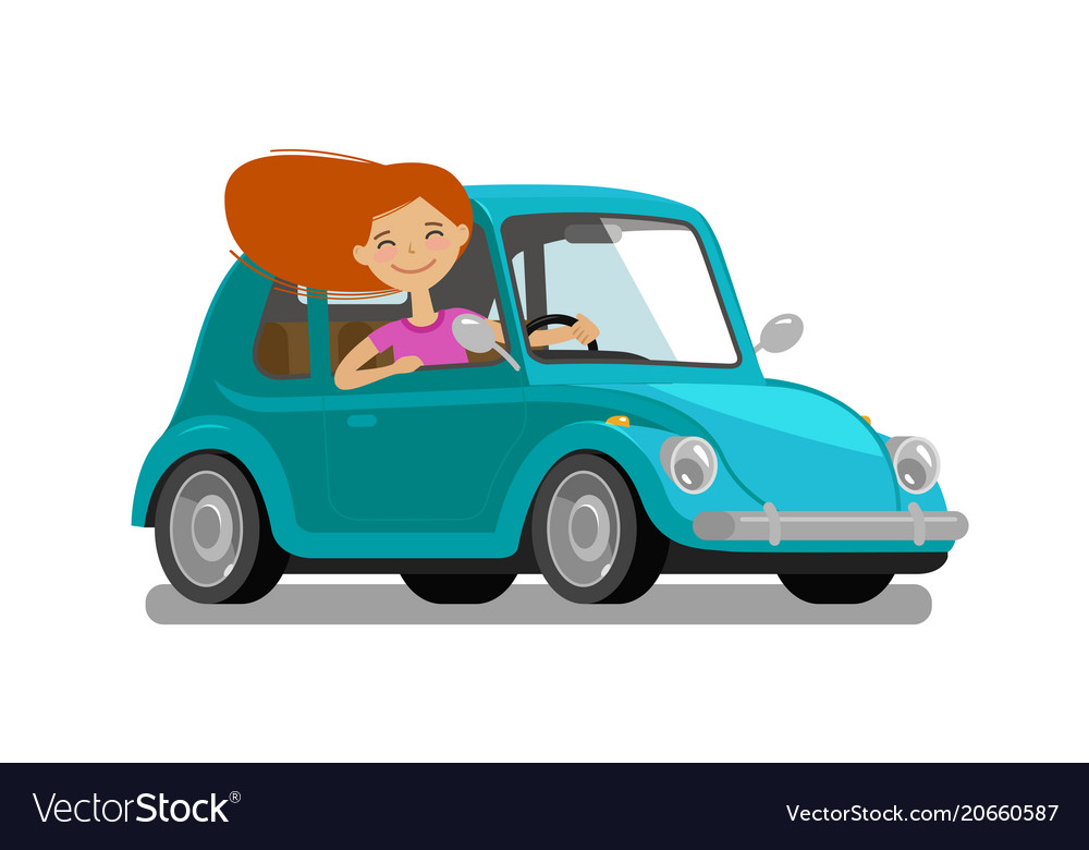 Happy girl rides car driving trip travel Vector Image