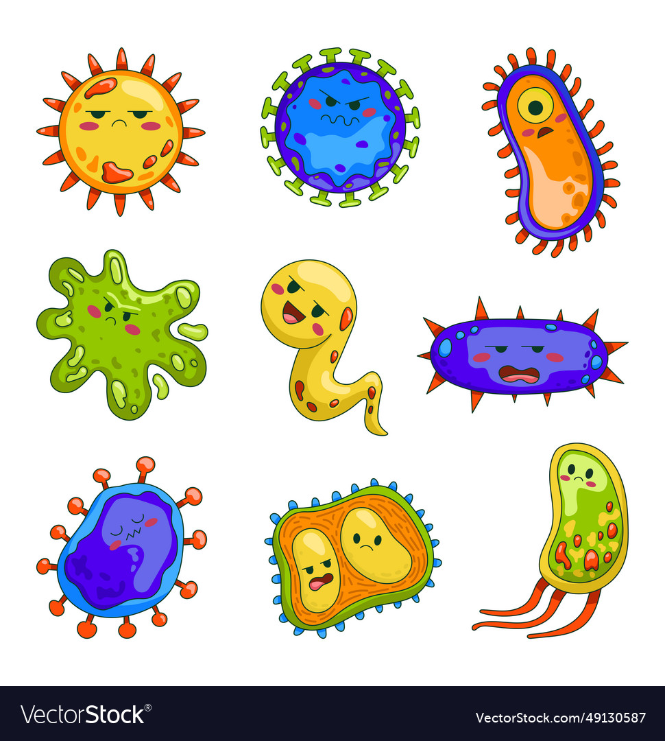 Kawaii bacteria and viruses characters Royalty Free Vector