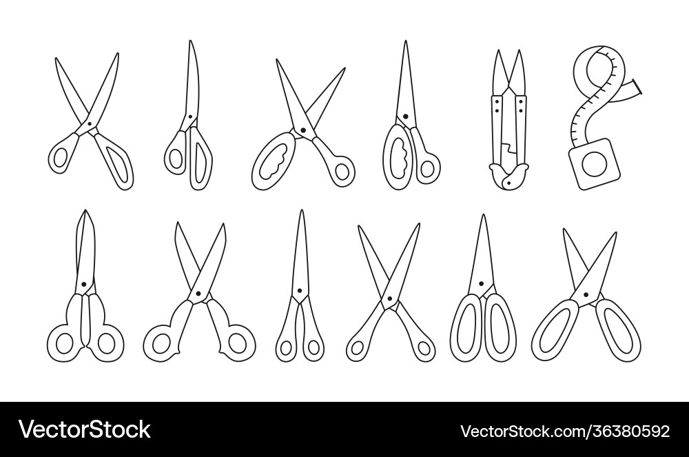 Scissor black line set pair cutting craft Vector Image