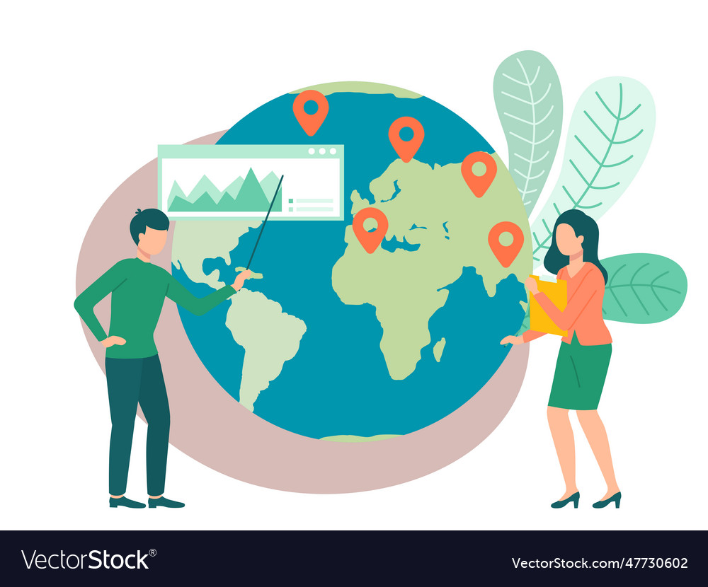 People standing near planet earth with geo marks Vector Image