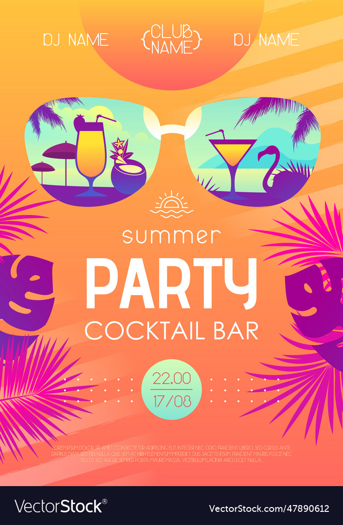 Fluorescent summer cocktail disco party poster Vector Image