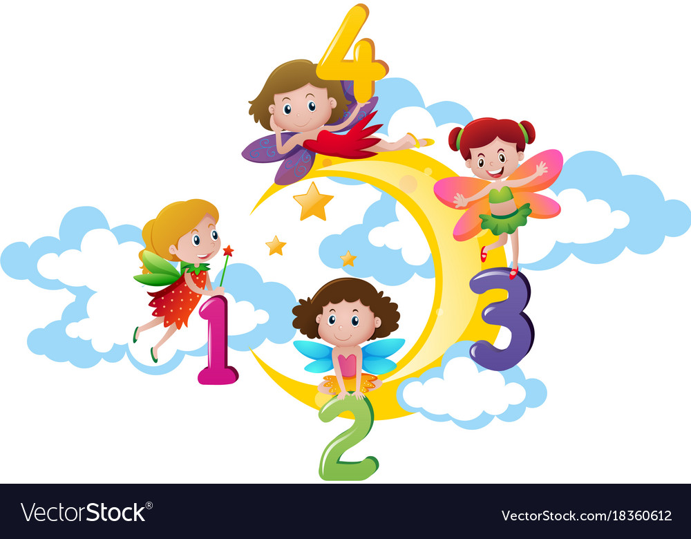 Four fairies counting numbers on the moon Vector Image