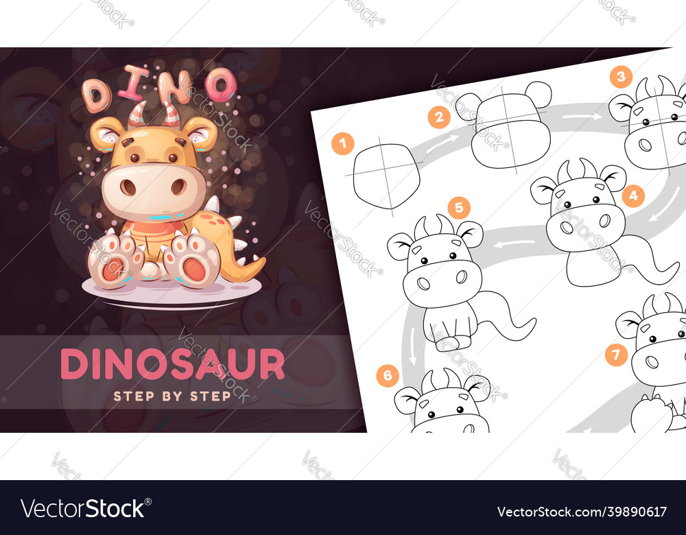 Drawing tutorial cartoon character animal dino Vector Image Drawing tutorial cartoon character animal dino Vector Image