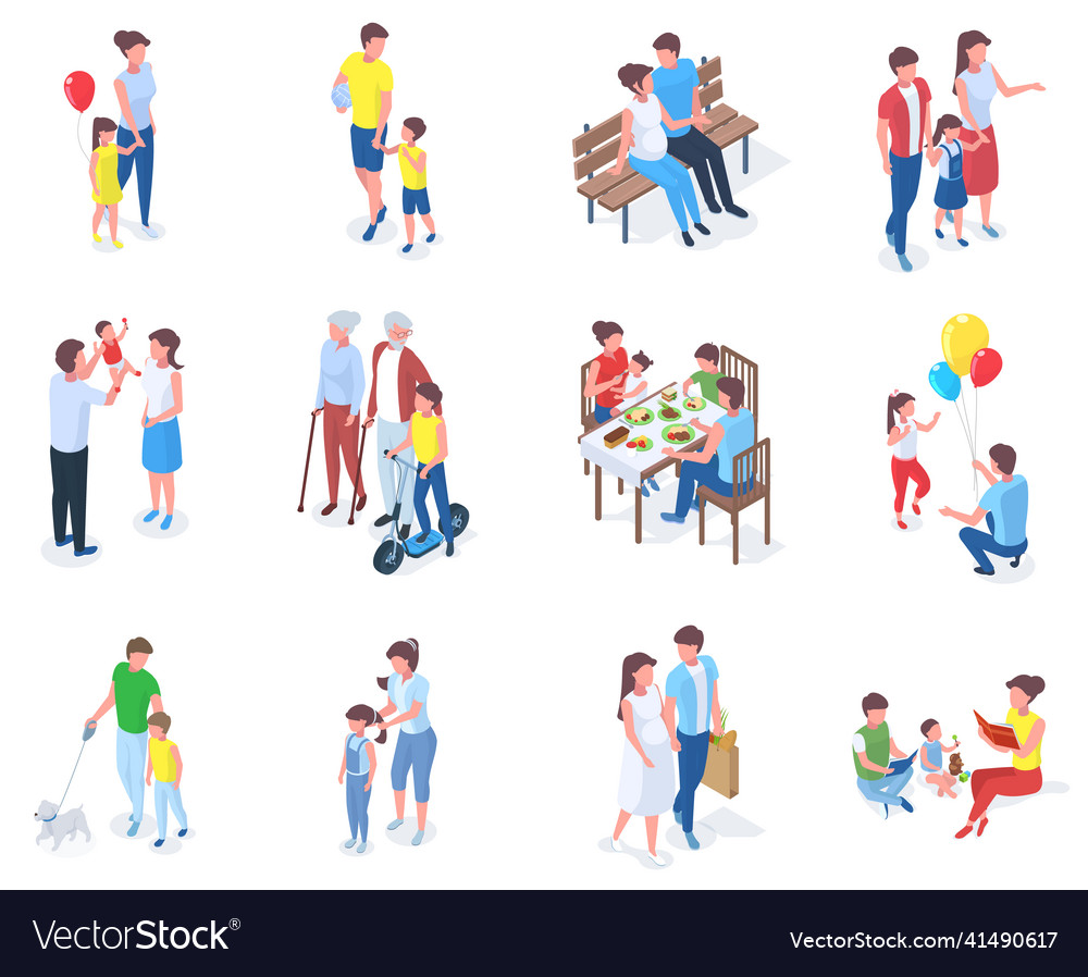 Isometric family parents play and walk Royalty Free Vector