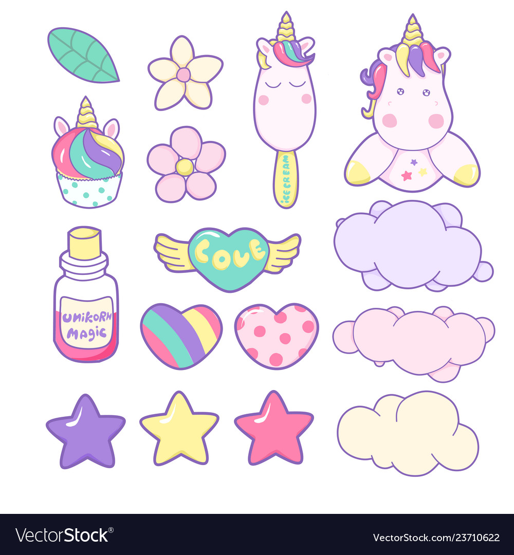 Set unicorns and different magic elements Vector Image