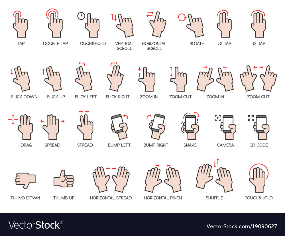 Hand gestures icons set with name Royalty Free Vector Image