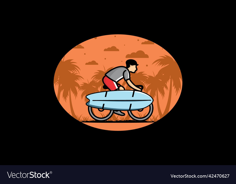 Ride a bike with surf board Royalty Free Vector Image