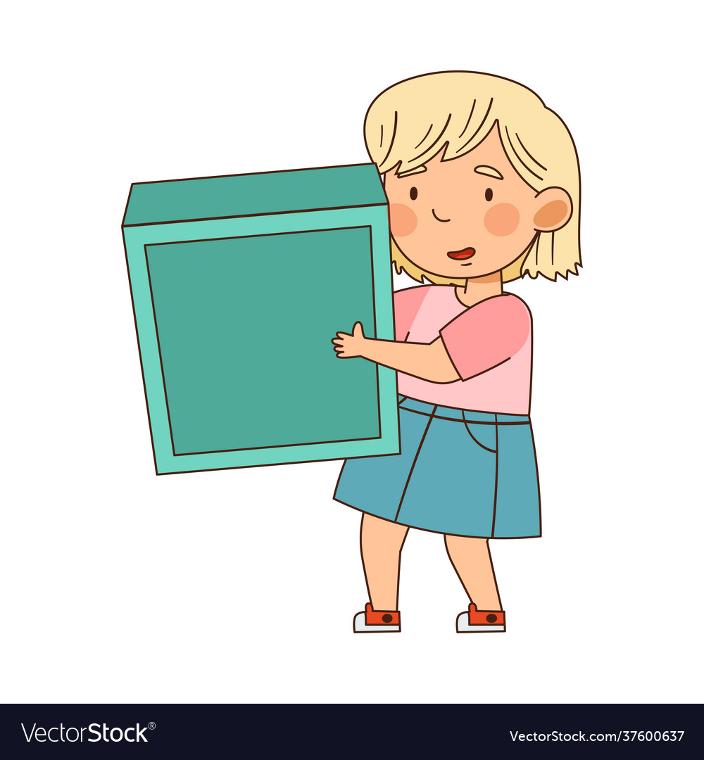 Little blond girl carrying big toy block having Vector Image