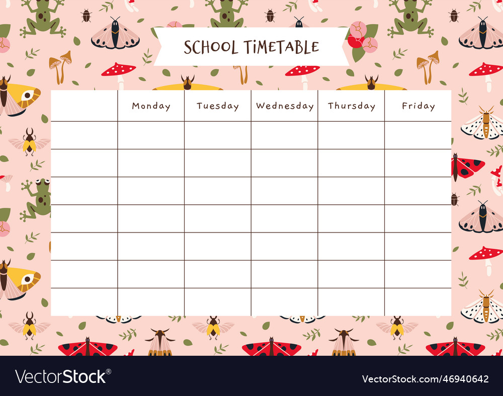 Cute School Timetable With Summer Vibe Moth Vector Image