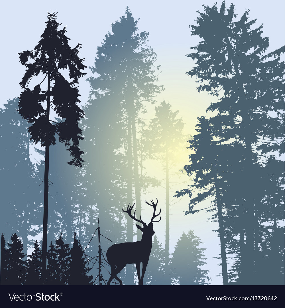 Landscape with silhouette of forest trees and deer