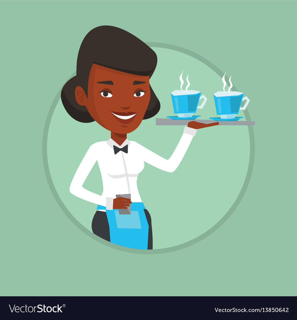 Waitress holding tray with cups of coffee or tea Vector Image