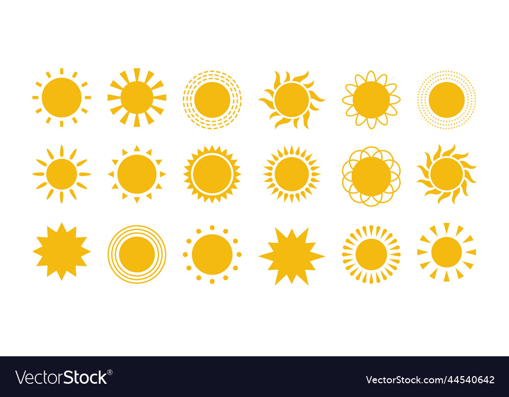 Yellow Flat Sun With Rays Icons In Various Design Vector Image