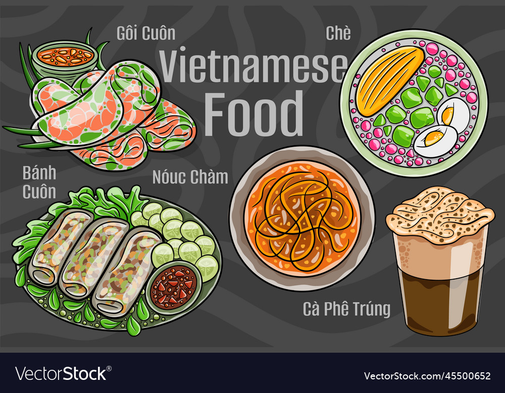 Vietnamese food a set of classic dishes cartoon Vector Image