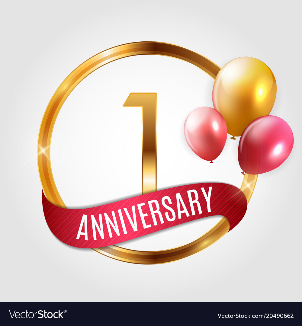 Template gold logo 1 years anniversary with ribbon