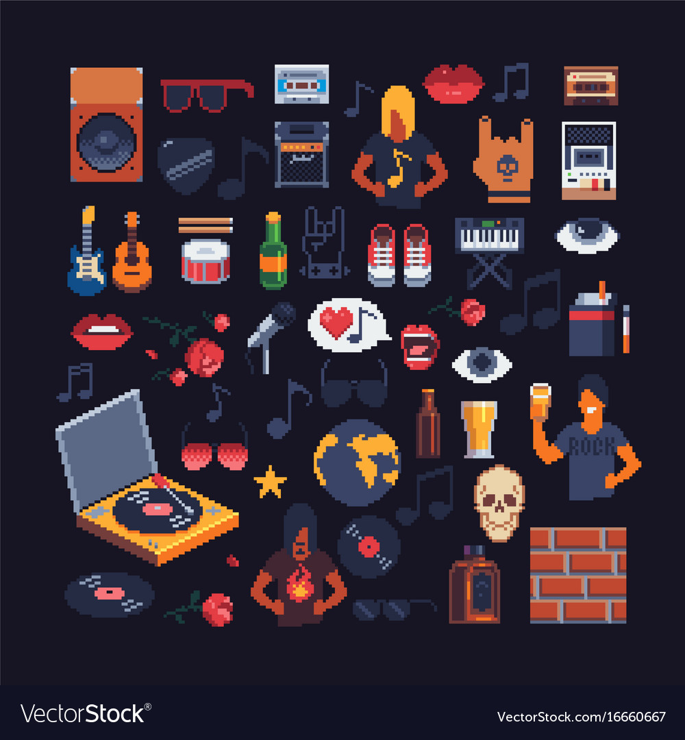 Set of music theme accessories pixel art sprites