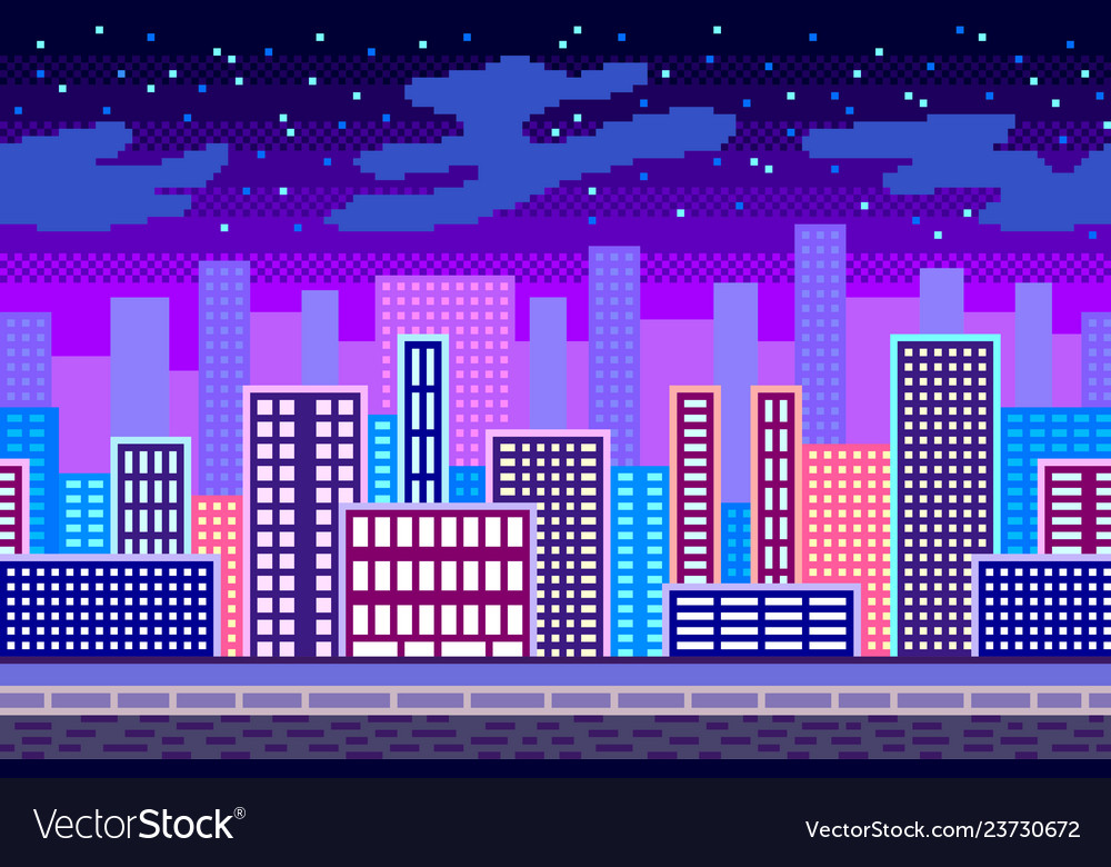 Pixel art night city seamless background detailed Vector Image