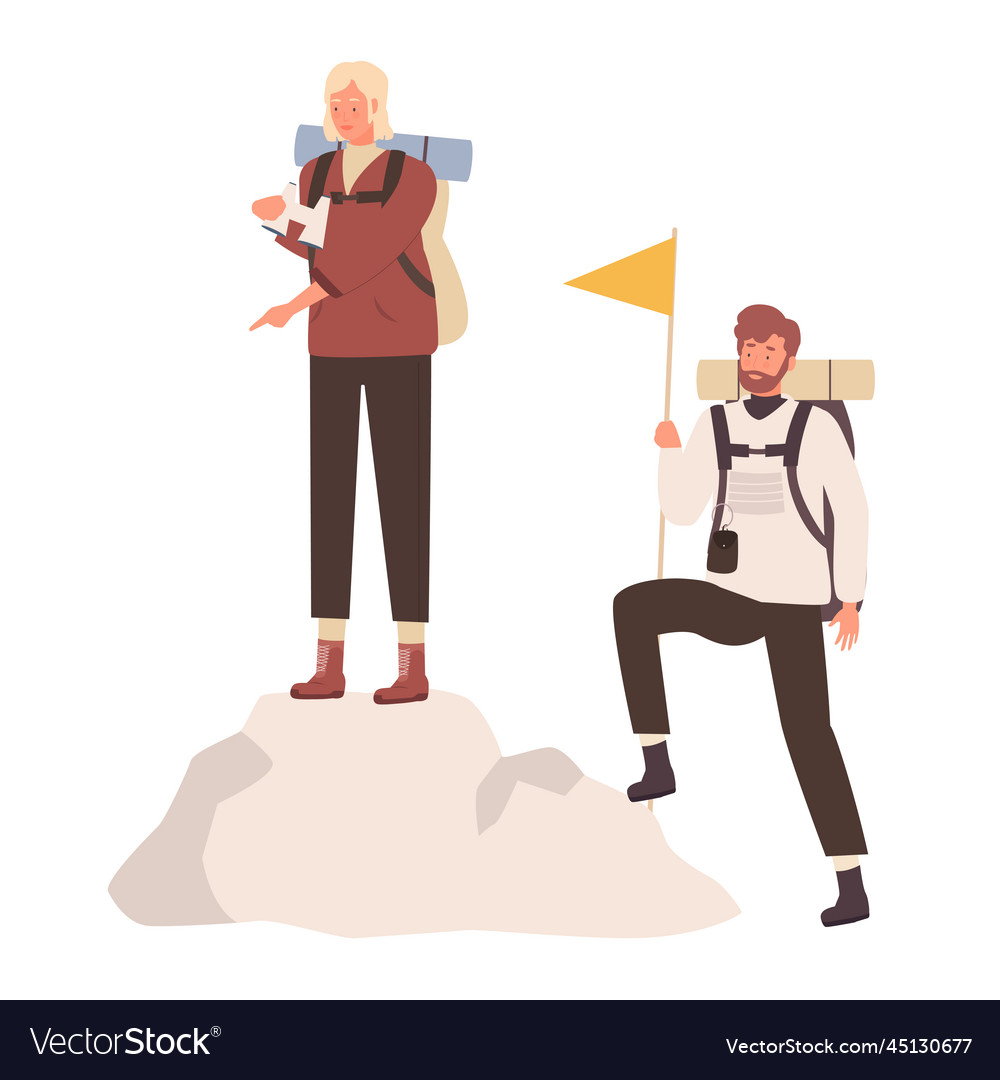 Couple of hikers on mountain top Royalty Free Vector Image