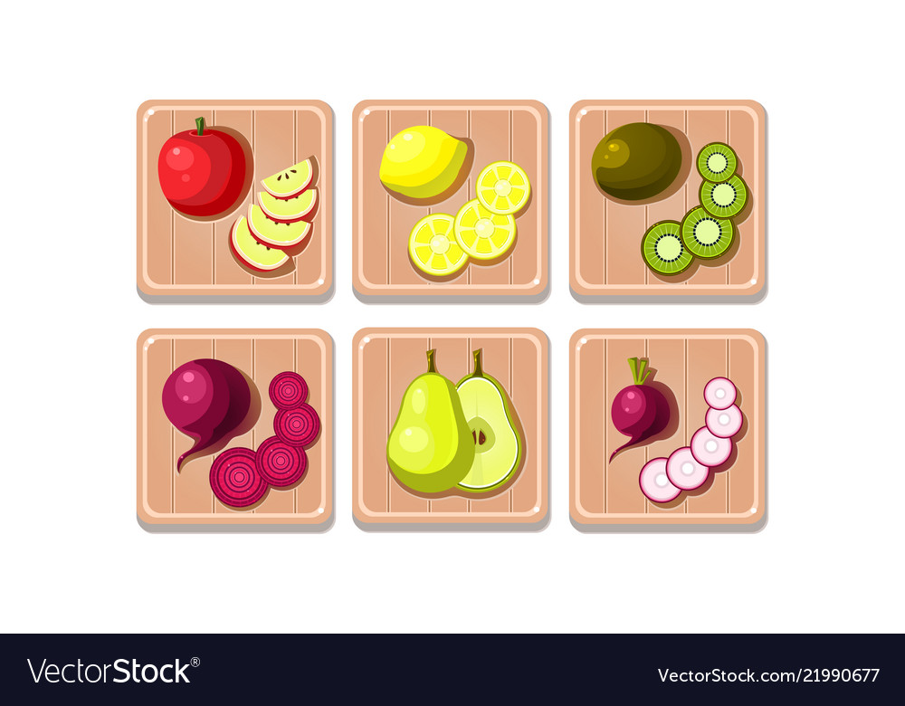 Flat set of fruits and vegetables on wooden