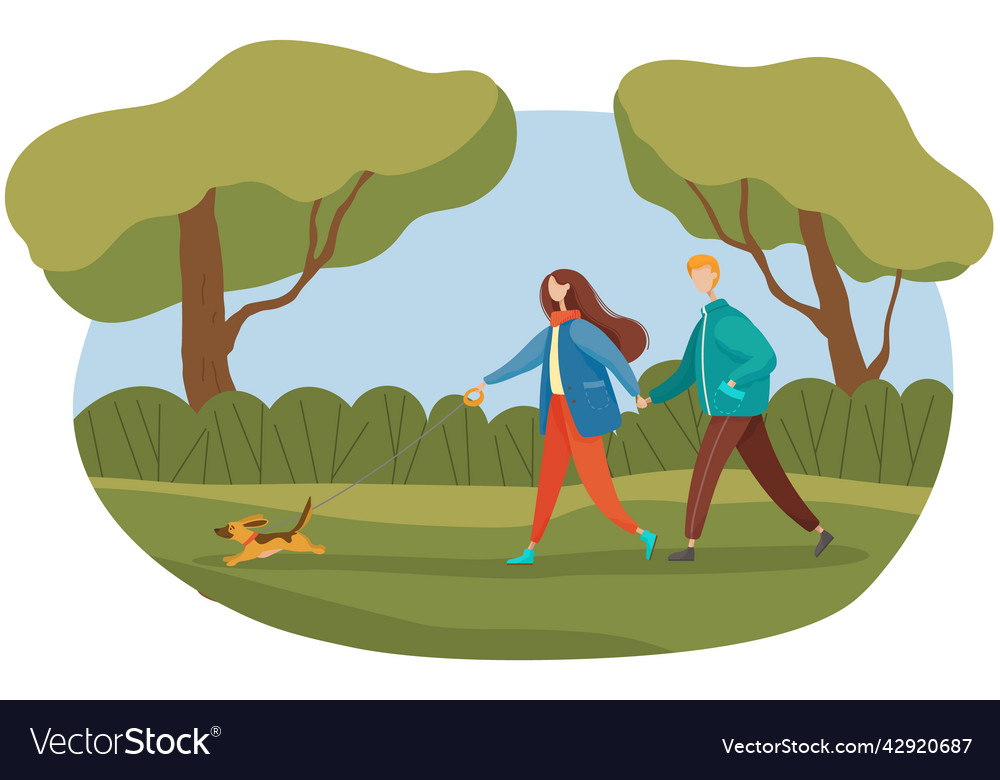 Woman and man walking with dog in spring park Vector Image